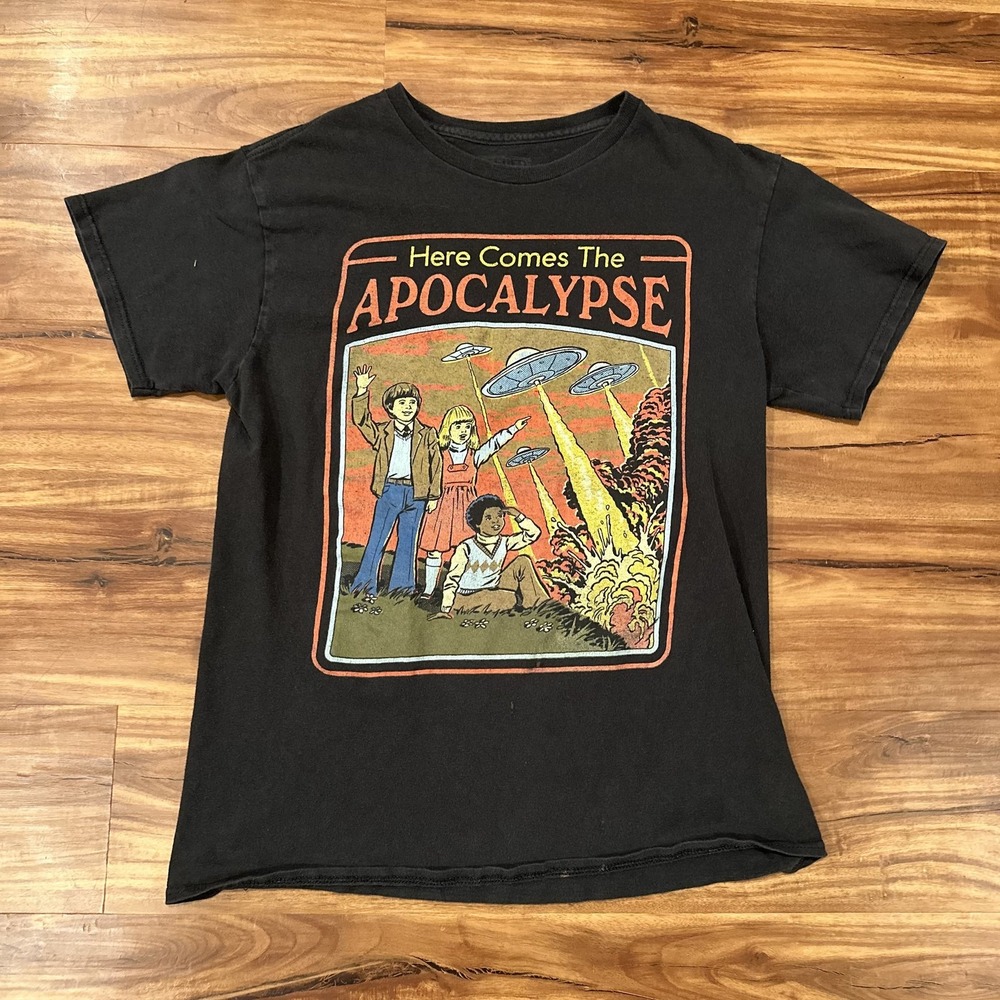 Steven Rhodes Shirt Mens Small Black Here Comes The Apocalypse UFO Graphic Tee